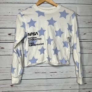 Mighty Fine NASA Cream with Light Blue Stars Cropped Long Sleeve T shirt
